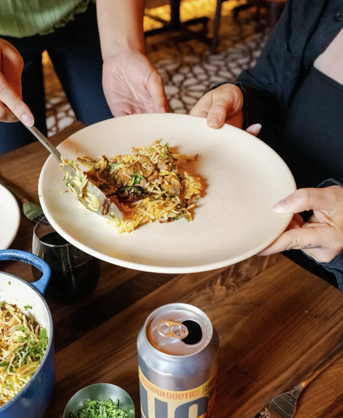 A plate served family-style across a catering table