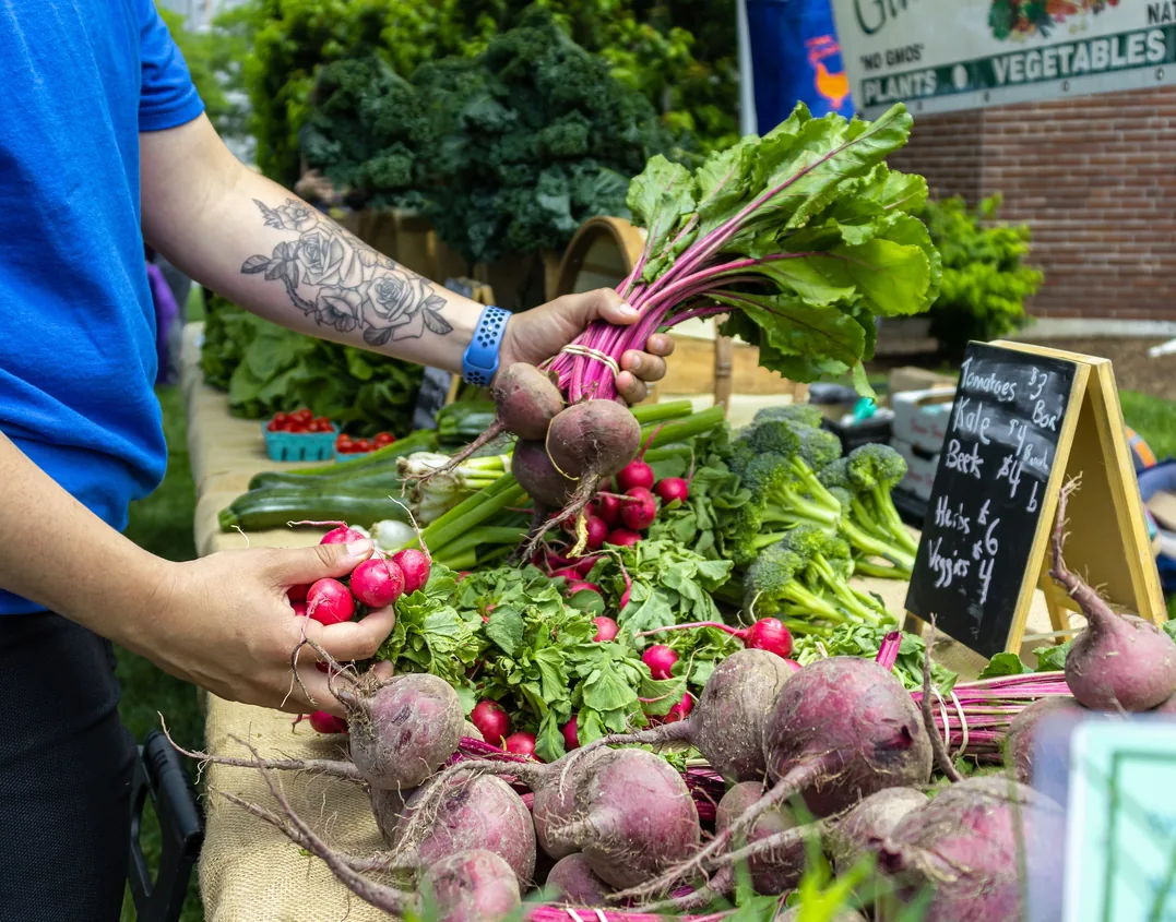 Beets and radishes being picked out at a farmers market stall